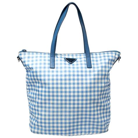 Prada Blue Gingham Print Nylon Tote 